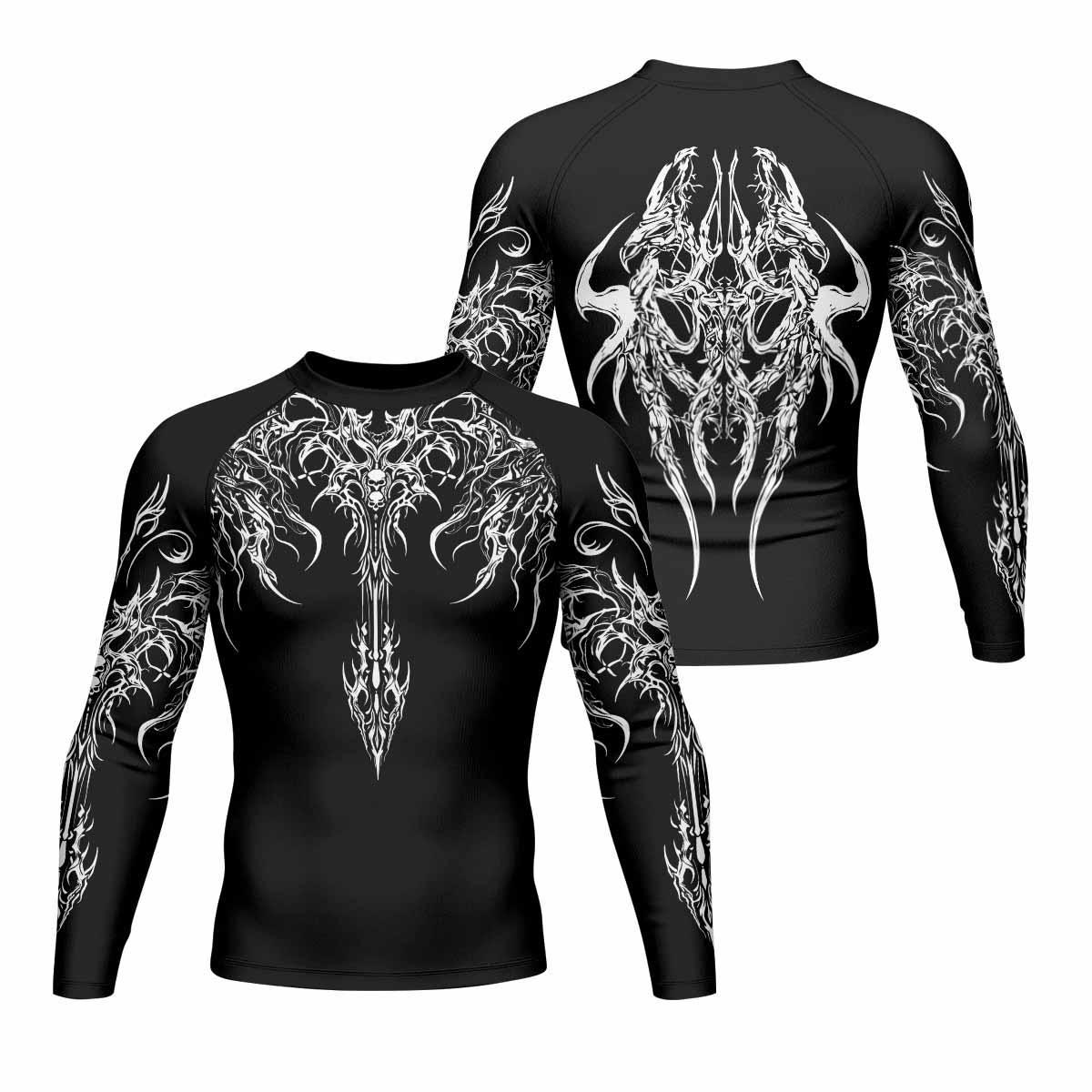 Gothic Bone Skull Men's Rash Guard Long Sleeve - front and back view