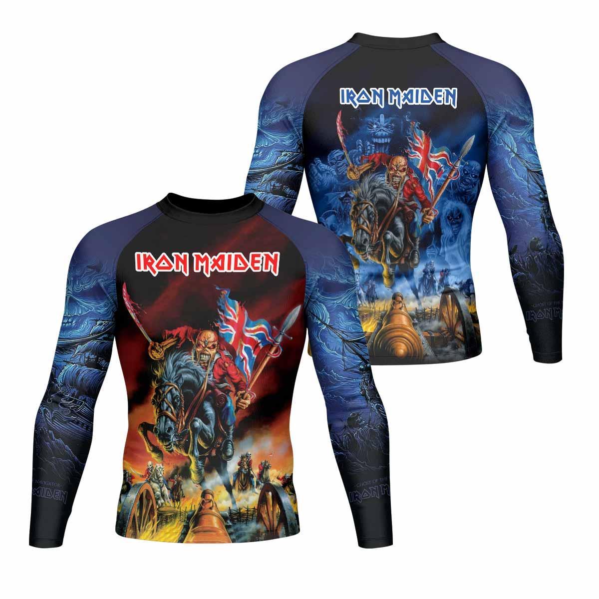 Iron Maiden England Flag Men's Rash Guard Long Sleeve - front and back view
