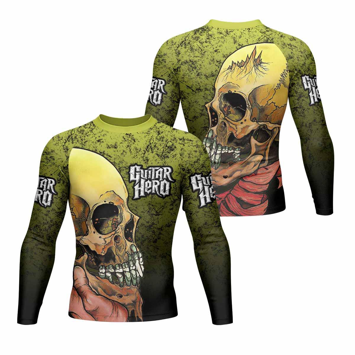 Guitar Hero Skull Men's Rash Guard Long Sleeve - front and back view