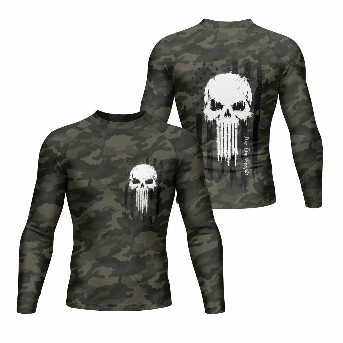 The Punisher Skull We The People Men's Rash Guard Long Sleeve - front and back view
