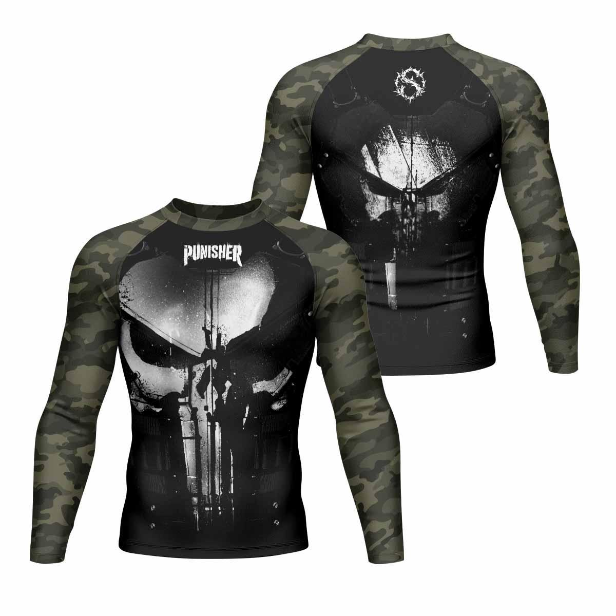 The Punisher Skull Camouflage Men's Rash Guard Long Sleeve - front and back view