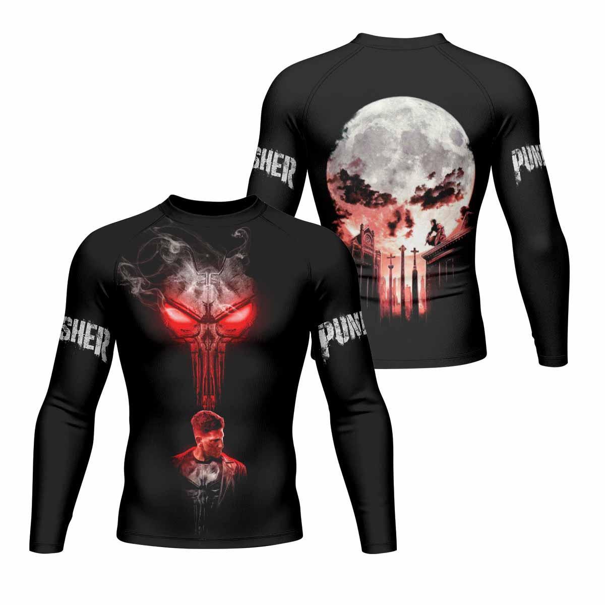 The Punisher Skull Frank Castle Men's Rash Guard Long Sleeve - front and back view