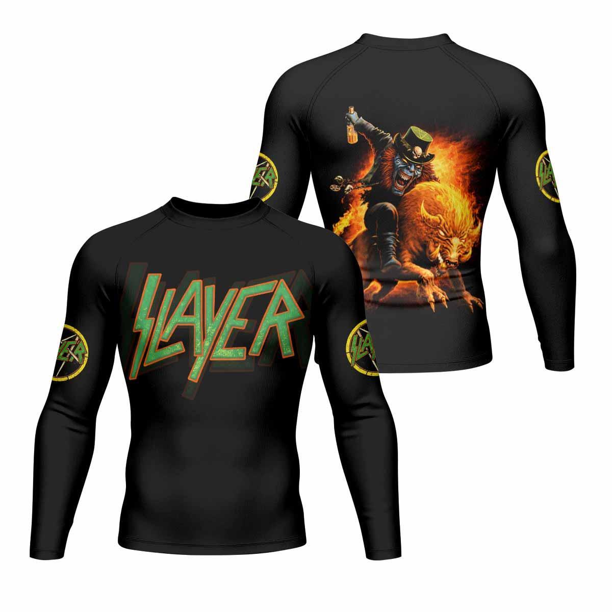 Slayer Hellfire Demon Men's Rash Guard Long Sleeve - front and back view