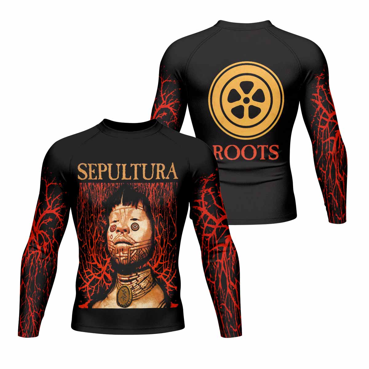 Sepultura Roots Men's Rash Guard Long Sleeve - front and back view