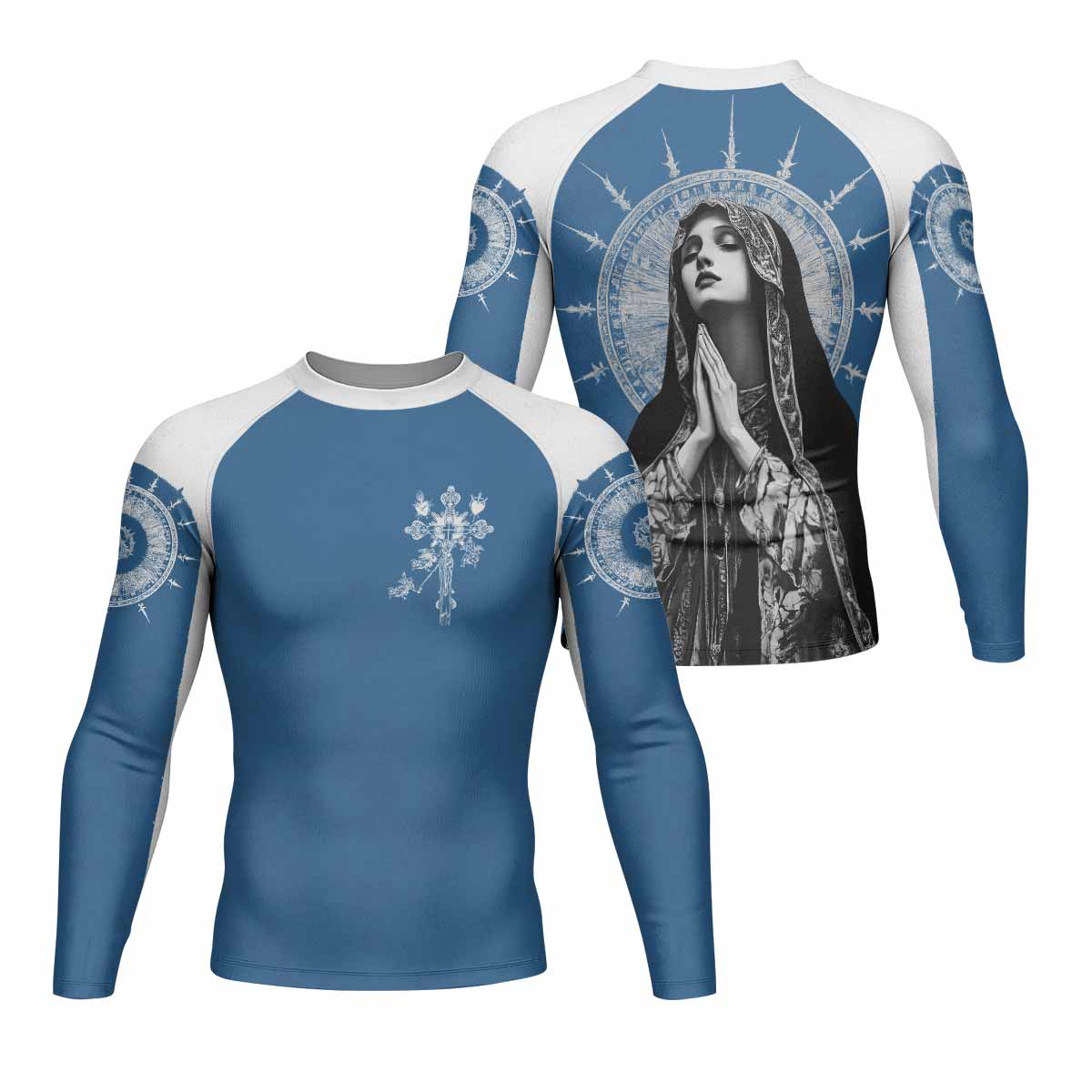 Our Lady of Sorrows Men's Rash Guard Long Sleeve - front and back view