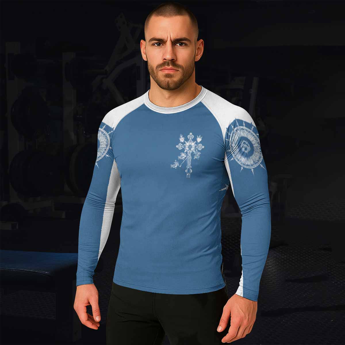 Our Lady of Sorrows Men's Rash Guard Long Sleeve - lifestyle view