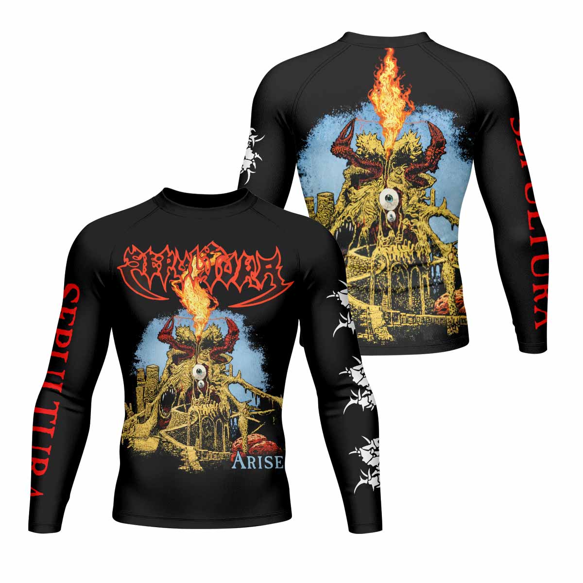 Sepultura Arise Men's Rash Guard Long Sleeve - front and back view