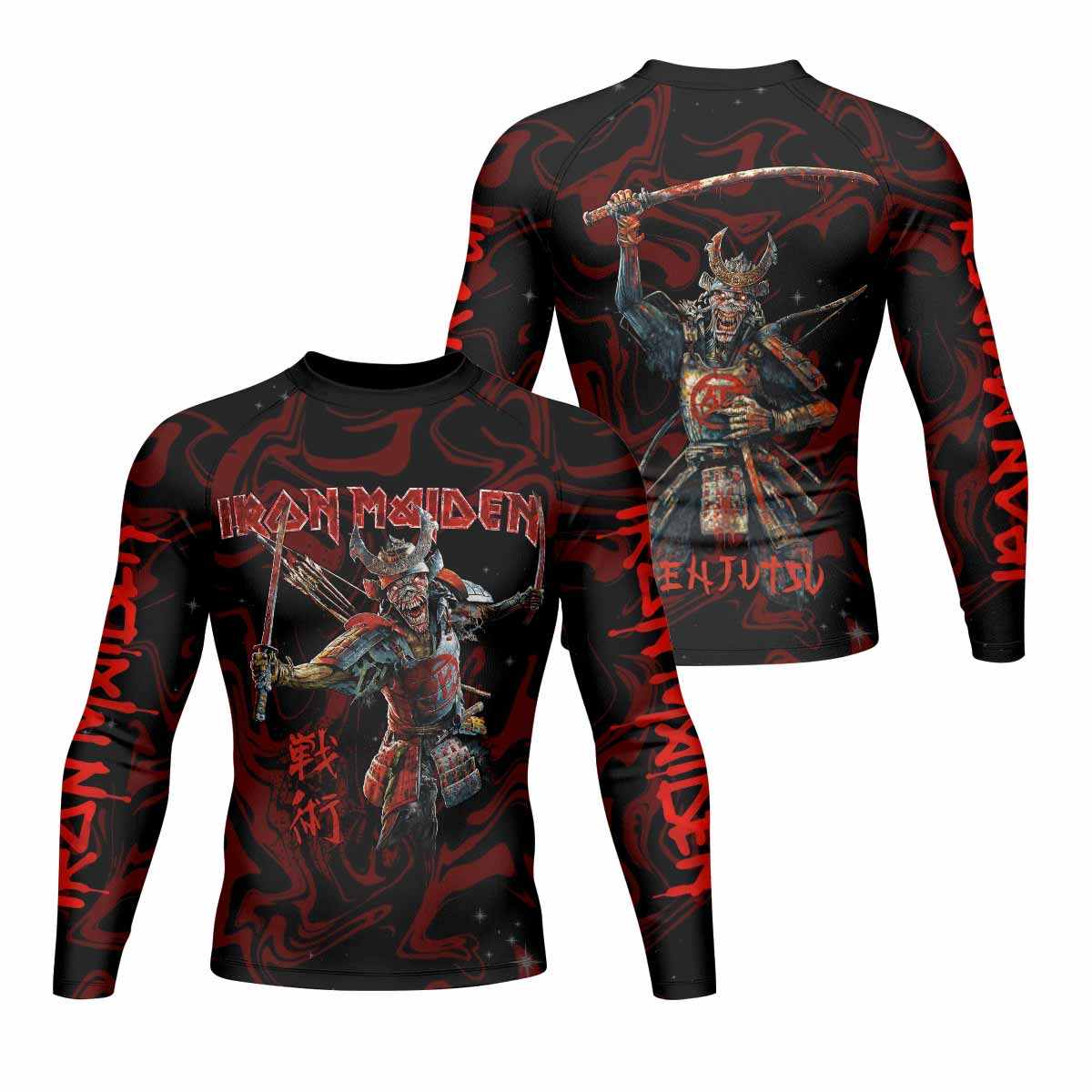 Iron Maiden Senjutsu Samurai Eddie Men's Rash Guard Long Sleeve - front and back view