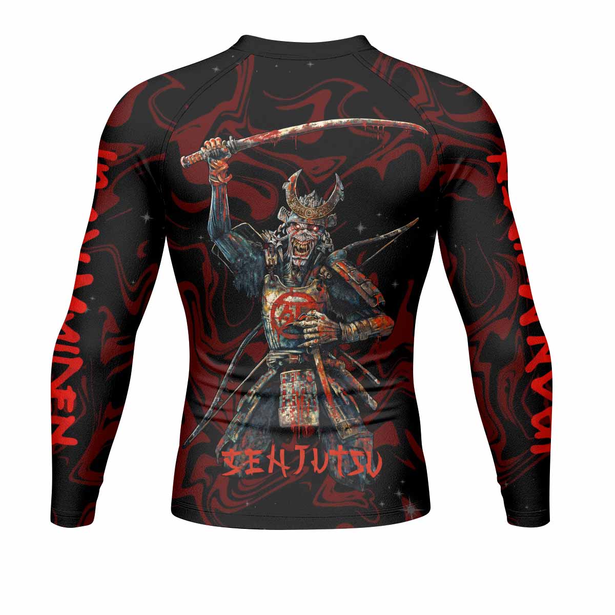 Iron Maiden Senjutsu Samurai Eddie Men's Rash Guard Long Sleeve - back view mockup