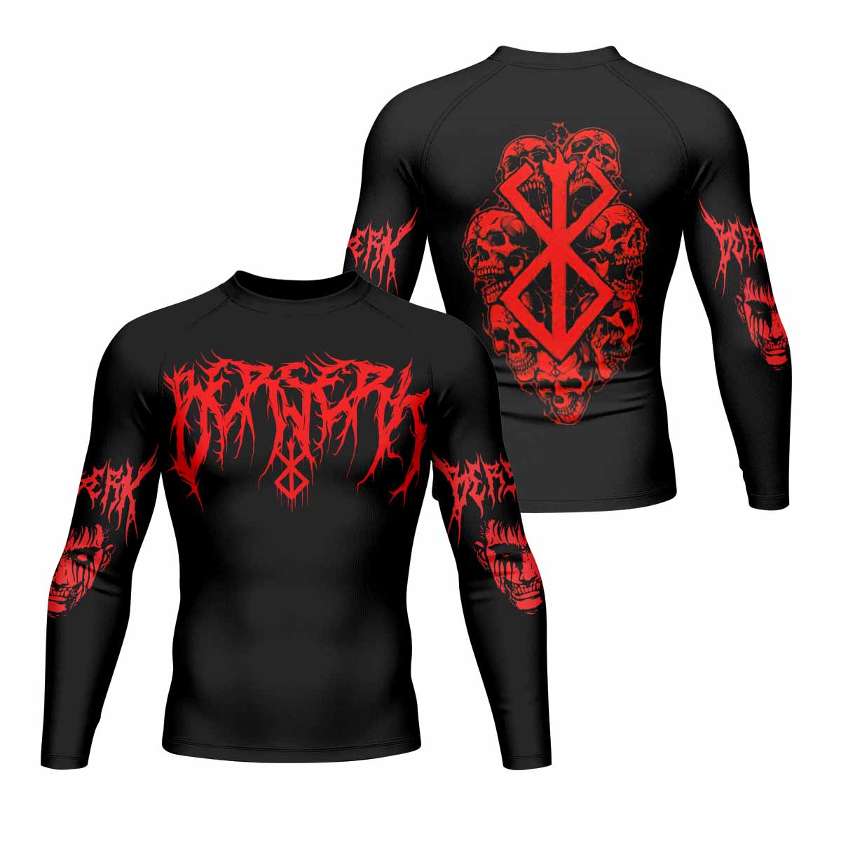 Berserk Metal Skull Knight Men's Rash Guard Long Sleeve - front and back view