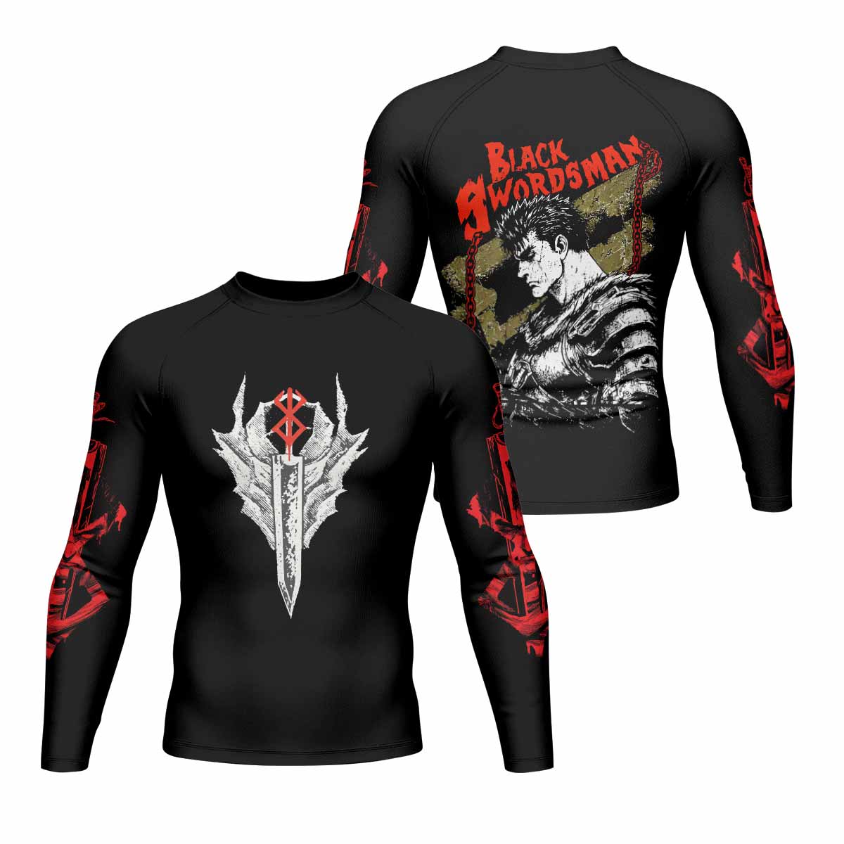 Berserk Black Swordsman Guts Men's Rash Guard Long Sleeve - front and back view