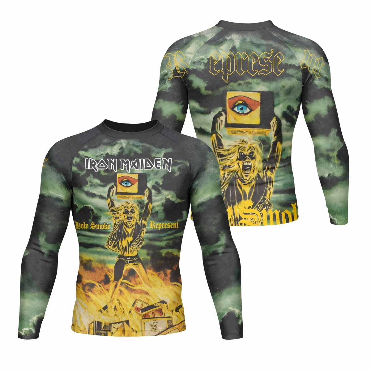 Iron Maiden Holy Smoke Men's Rash Guard Long Sleeve - front and back view