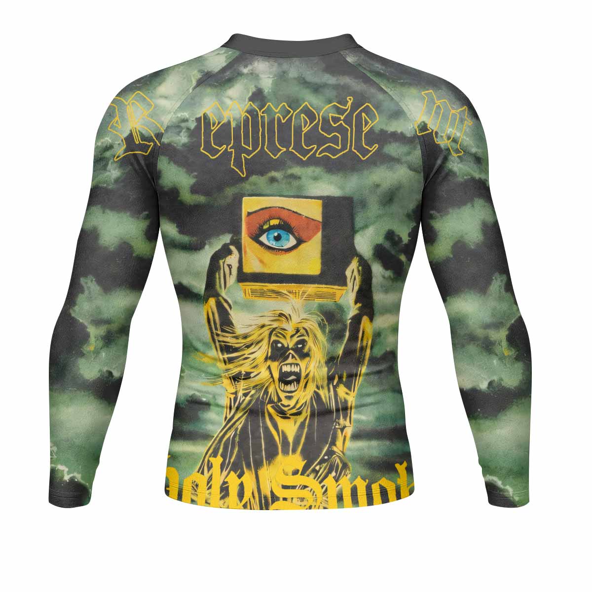 Iron Maiden Holy Smoke Men's Rash Guard Long Sleeve - back view mockup