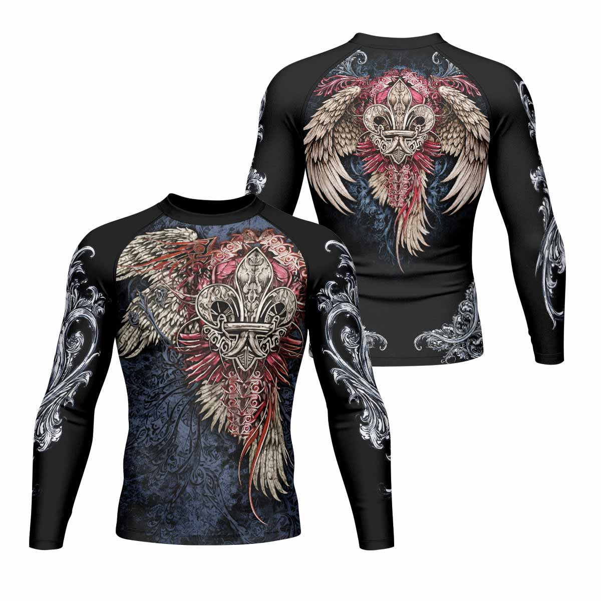 Metallic Embossed Angel Men's Rash Guard Long Sleeve - front and back view