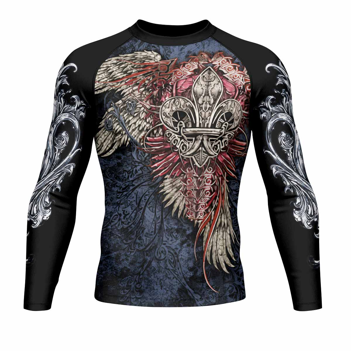 Metallic Embossed Angel Men's Rash Guard Long Sleeve - front view mockup