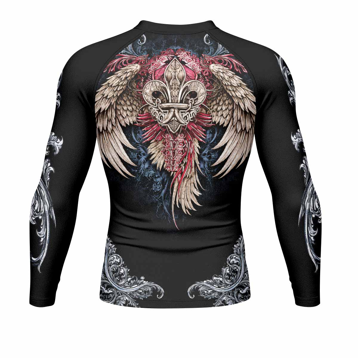Metallic Embossed Angel Men's Rash Guard Long Sleeve - back view mockup