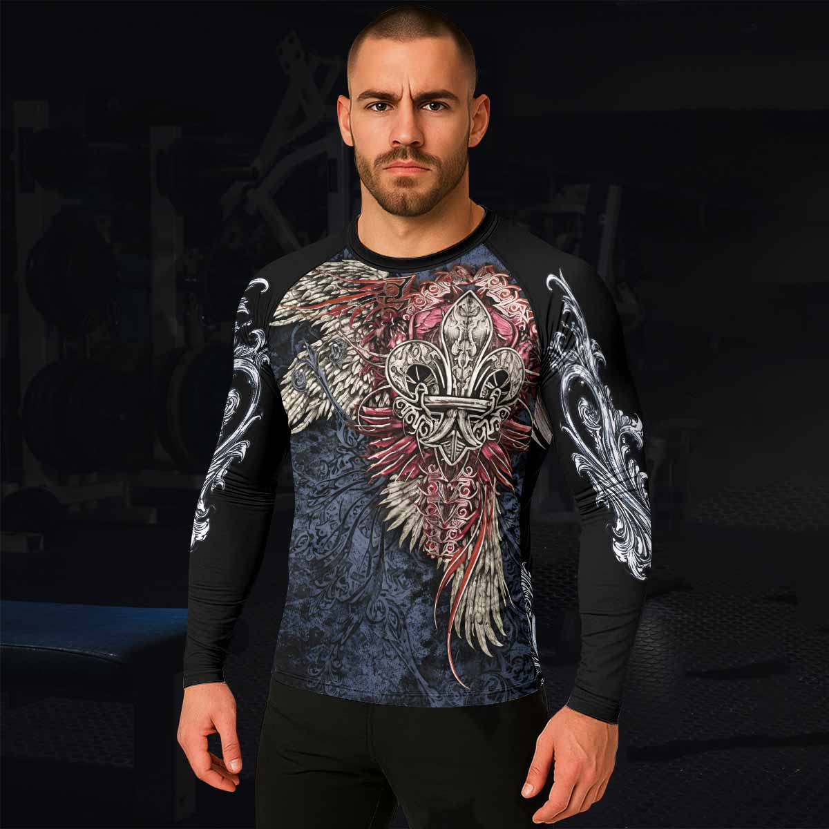 Metallic Embossed Angel Men's Rash Guard Long Sleeve - lifestyle view