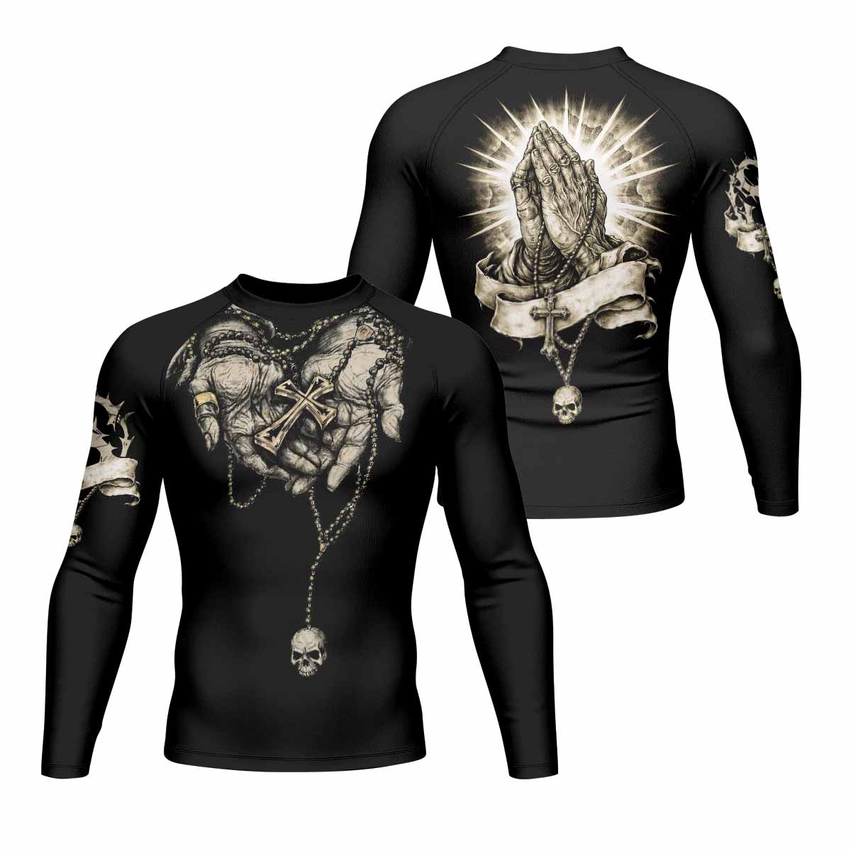 Praying Hands Skull Men's Rash Guard Long Sleeve - front and back view