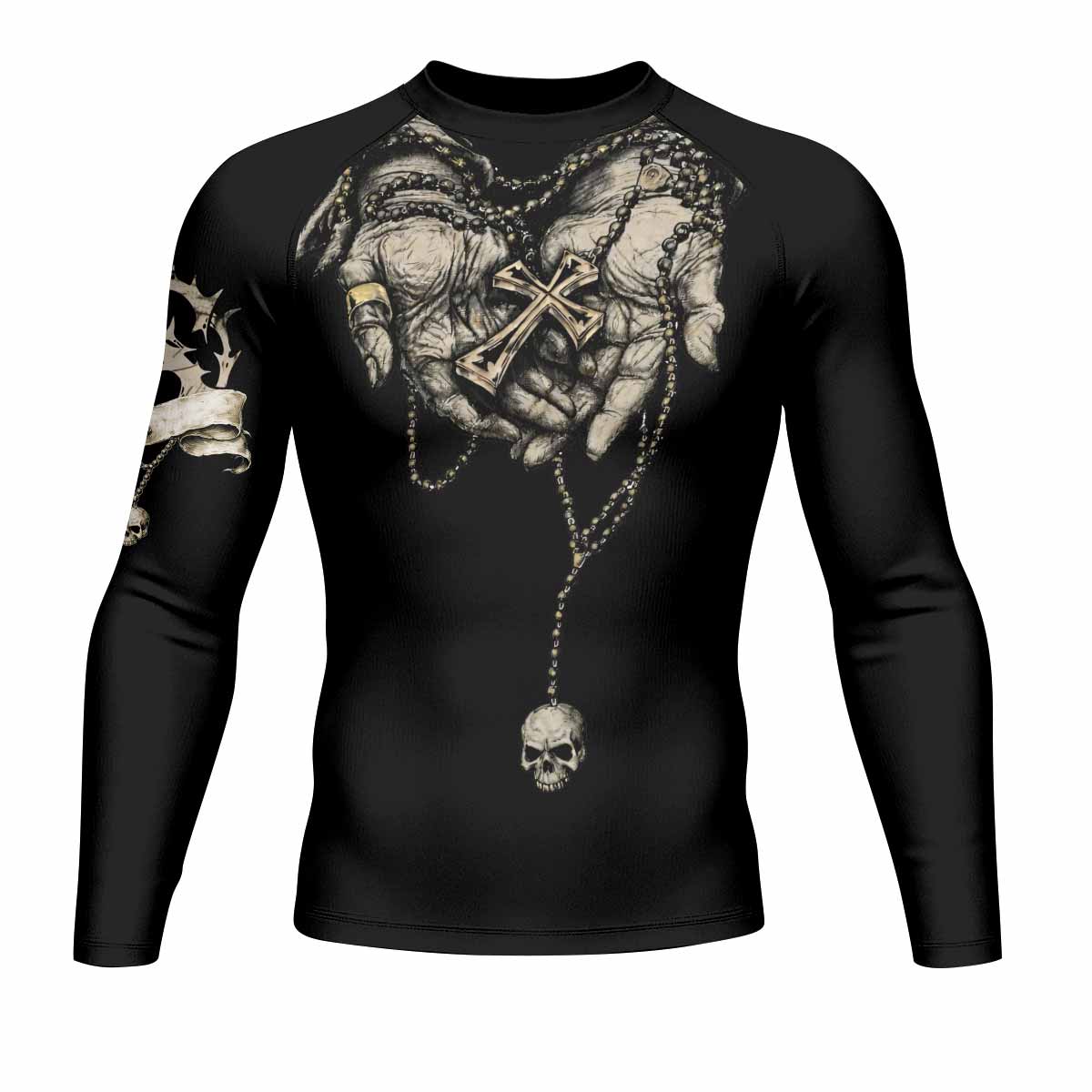Praying Hands Skull Men's Rash Guard Long Sleeve - front view mockup