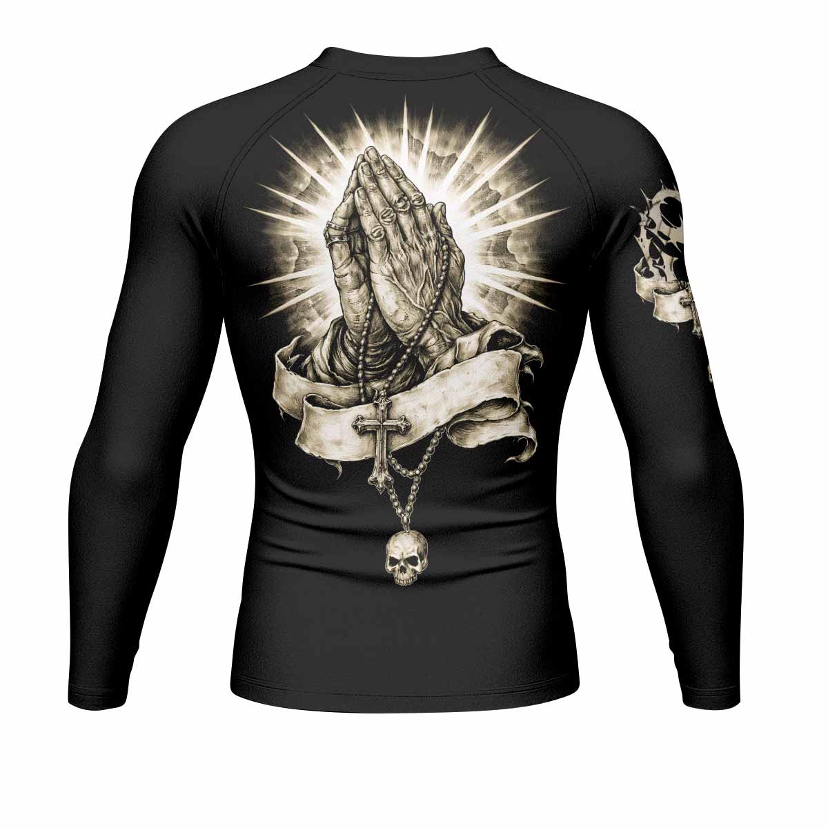 Praying Hands Skull Men's Rash Guard Long Sleeve - back view mockup