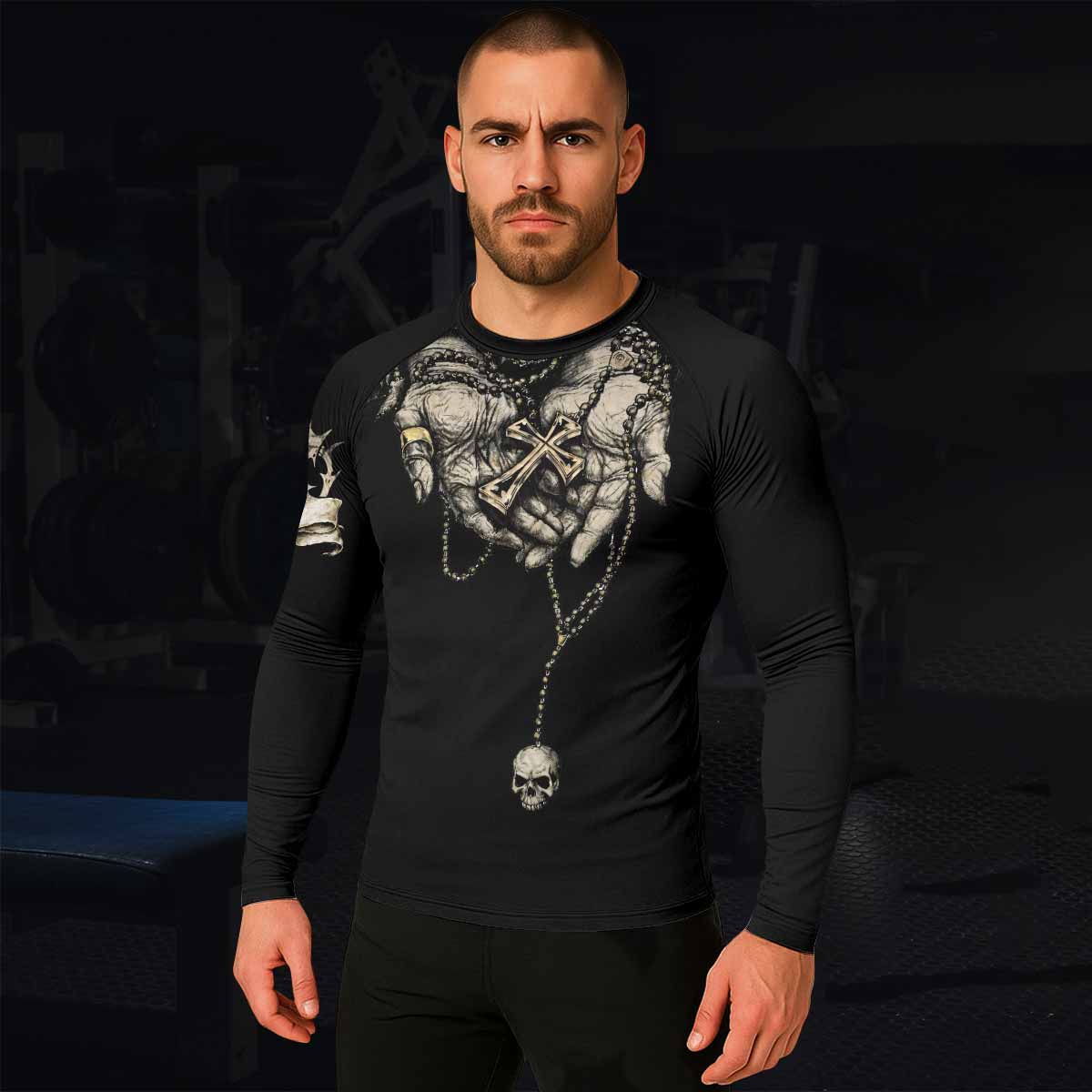 Praying Hands Skull Men's Rash Guard Long Sleeve - lifestyle view