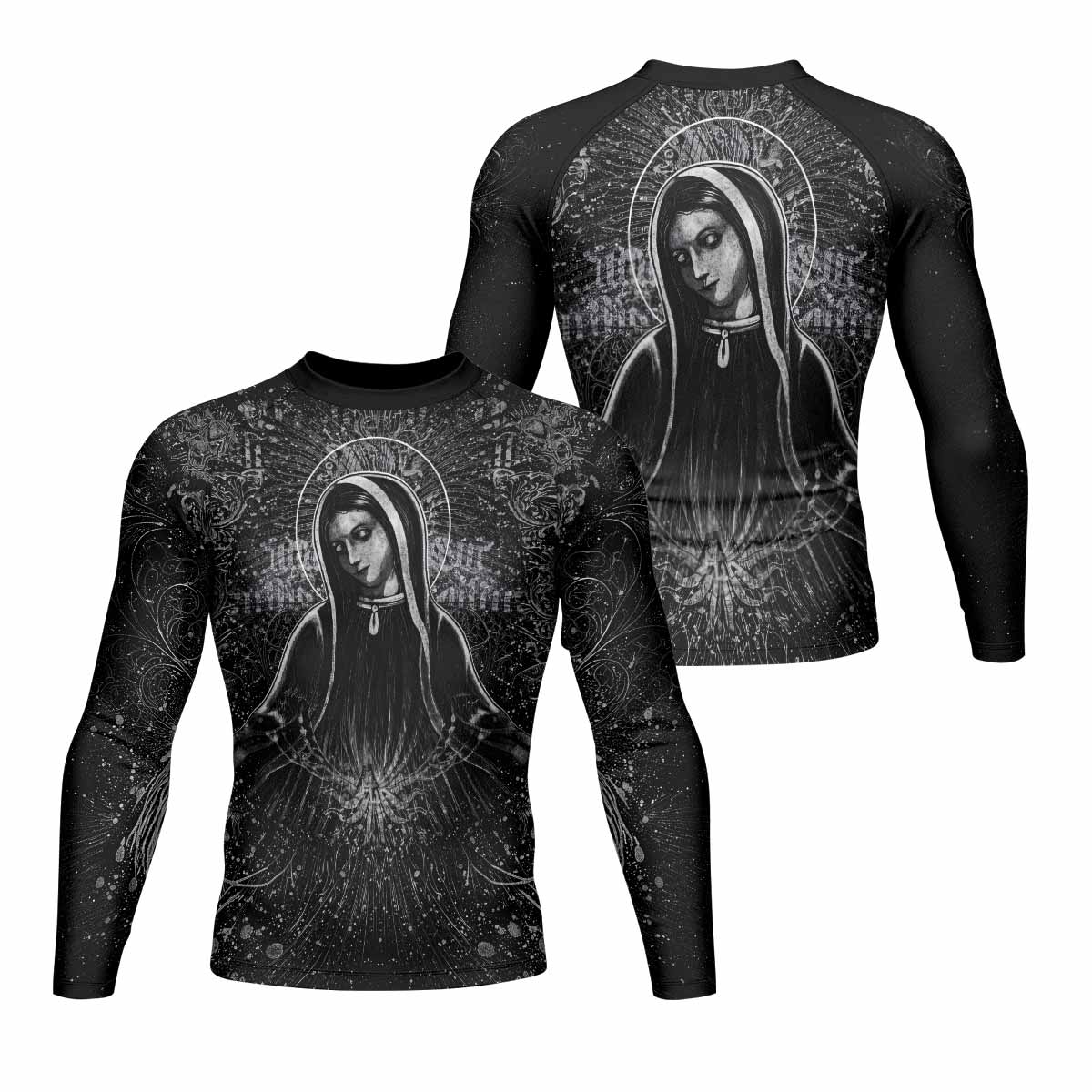 Virgin Mary Men's Rash Guard Long Sleeve - front and back view