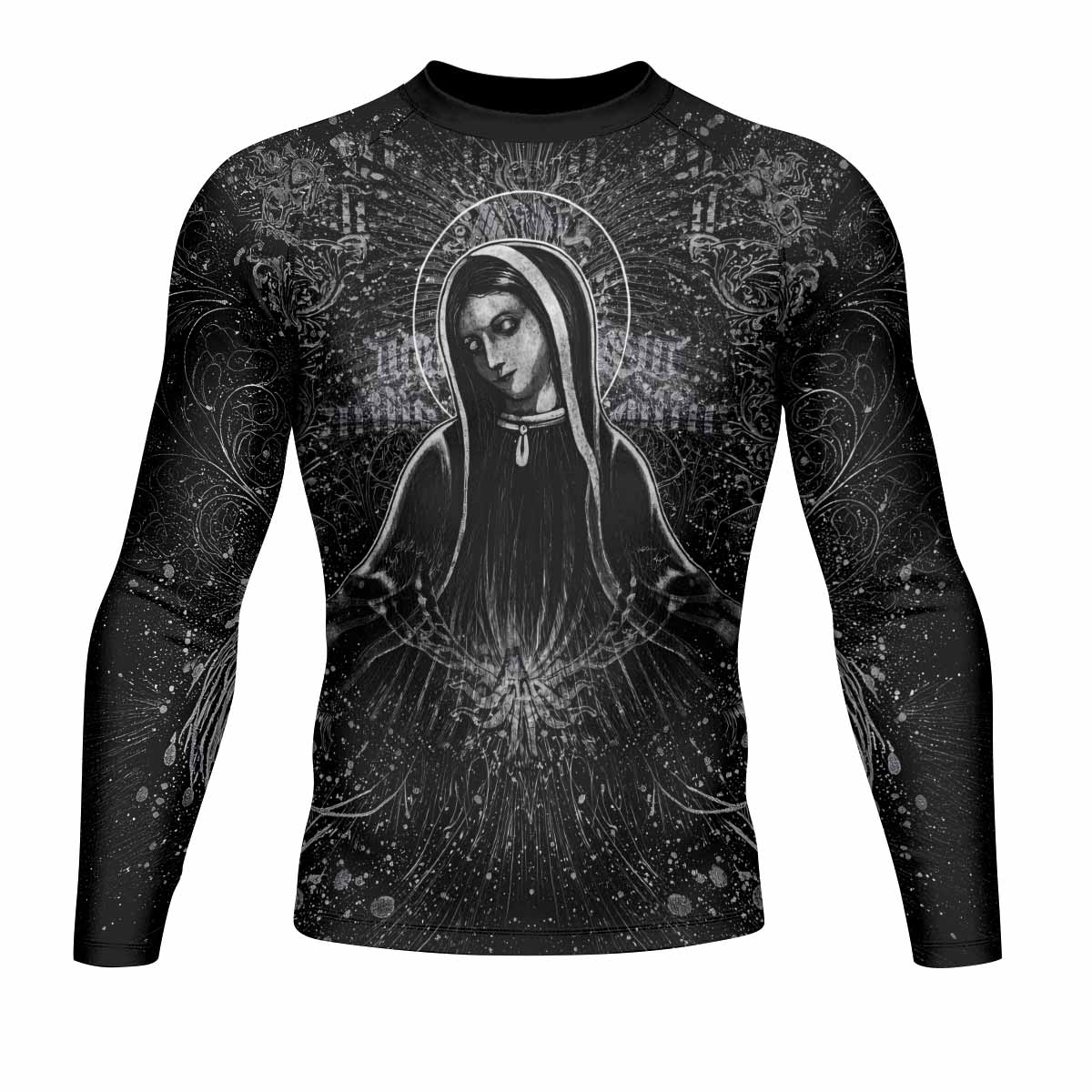 Virgin Mary Men's Rash Guard Long Sleeve - front view mockup