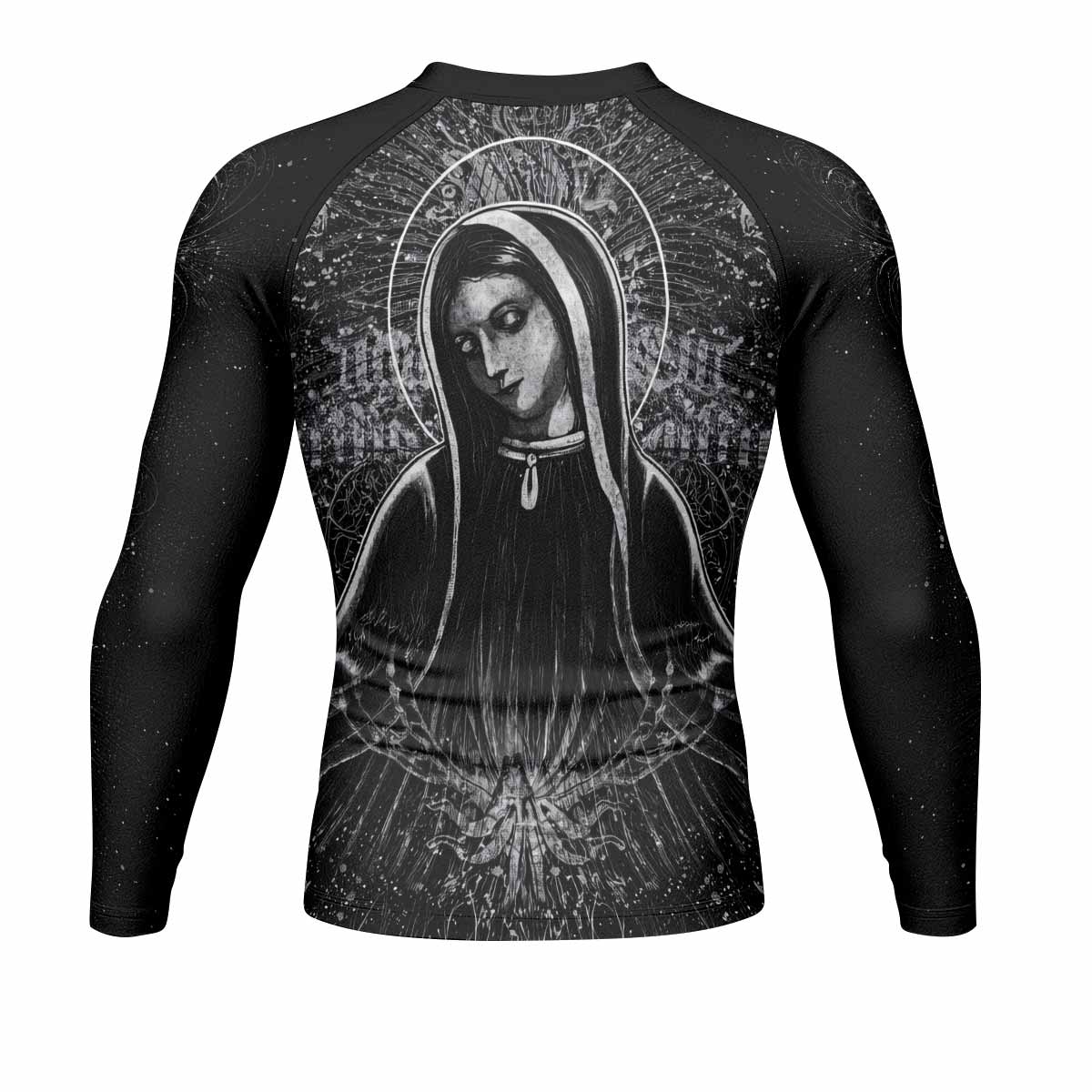 Virgin Mary Men's Rash Guard Long Sleeve - back view mockup