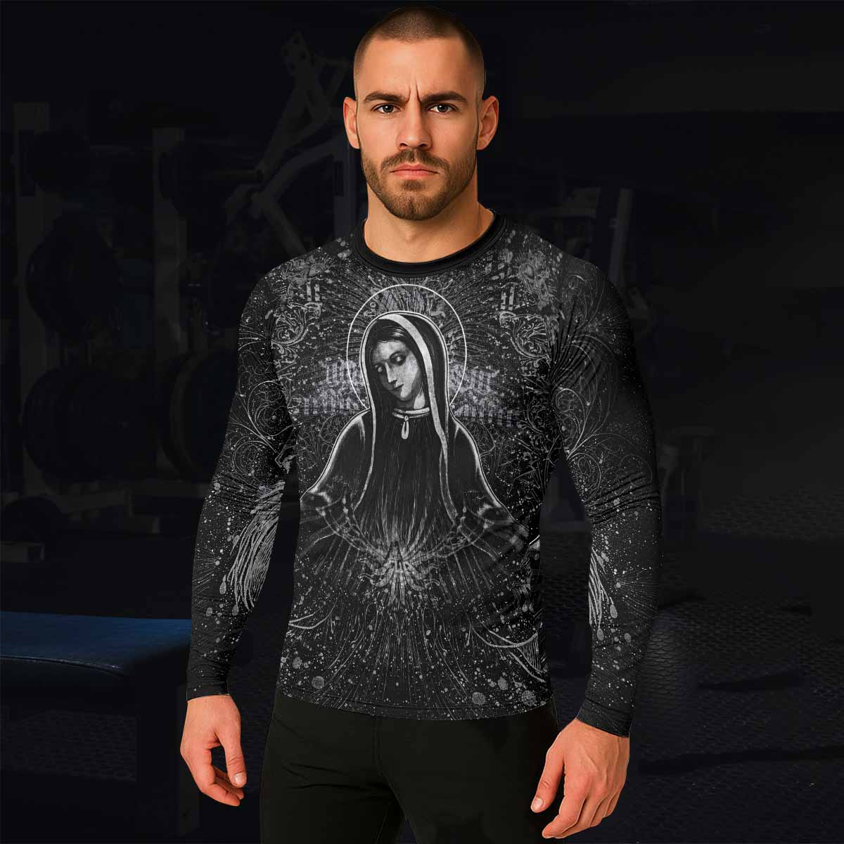 Virgin Mary Men's Rash Guard Long Sleeve - lifestyle view