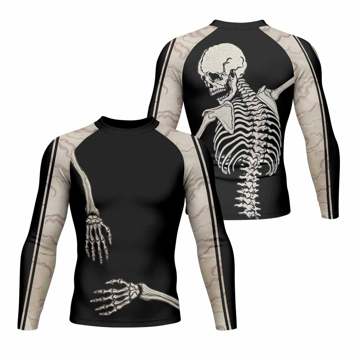 Bare Bones Skeleton Men's Rash Guard Long Sleeve - front and back view