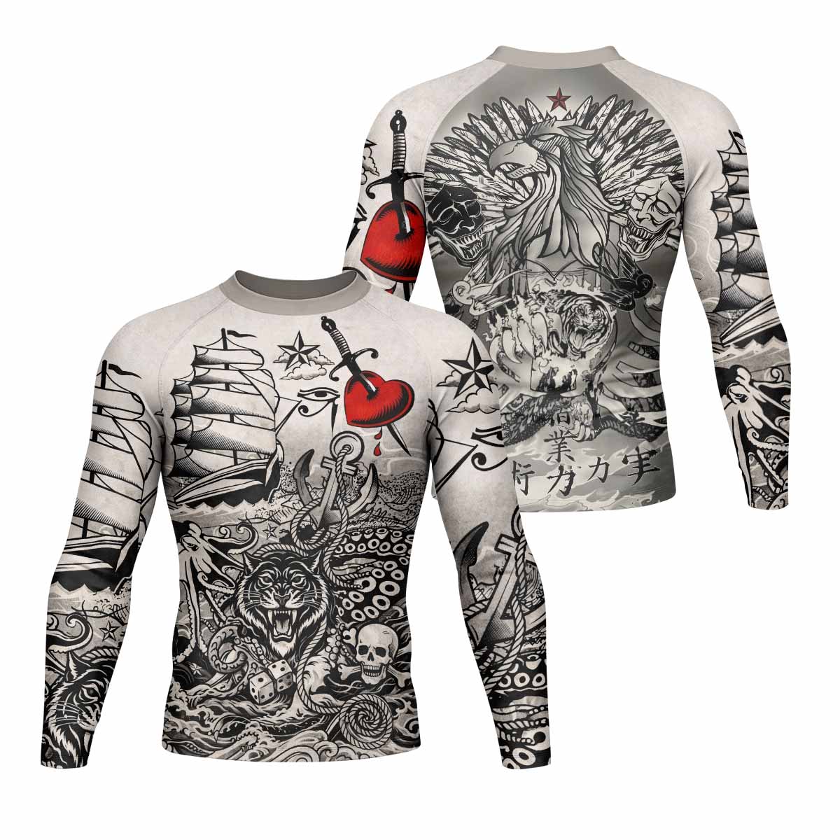 Savage Ocean Irezumi Men's Rash Guard Long Sleeve - front and back view