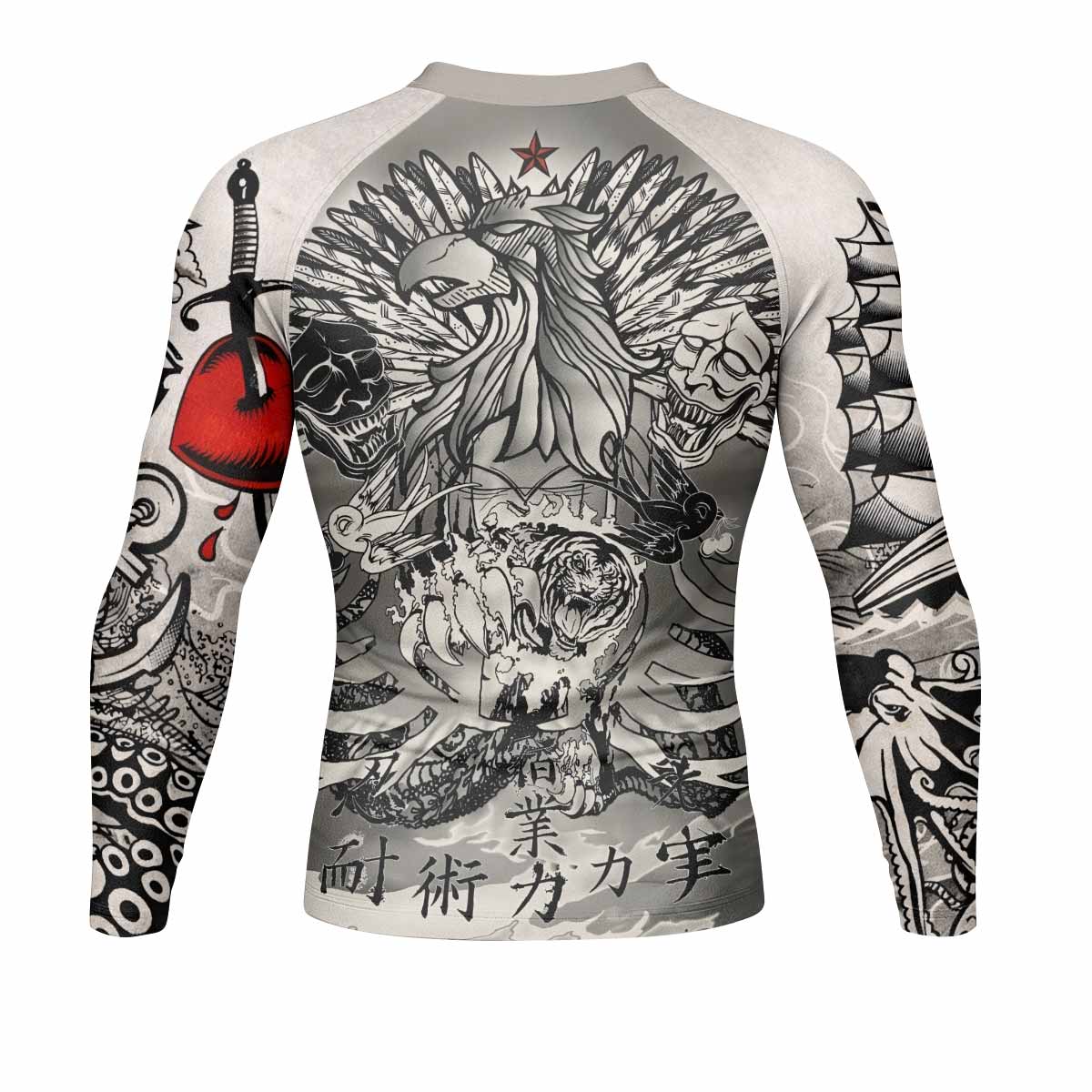 Savage Ocean Irezumi Men's Rash Guard Long Sleeve - back view mockup