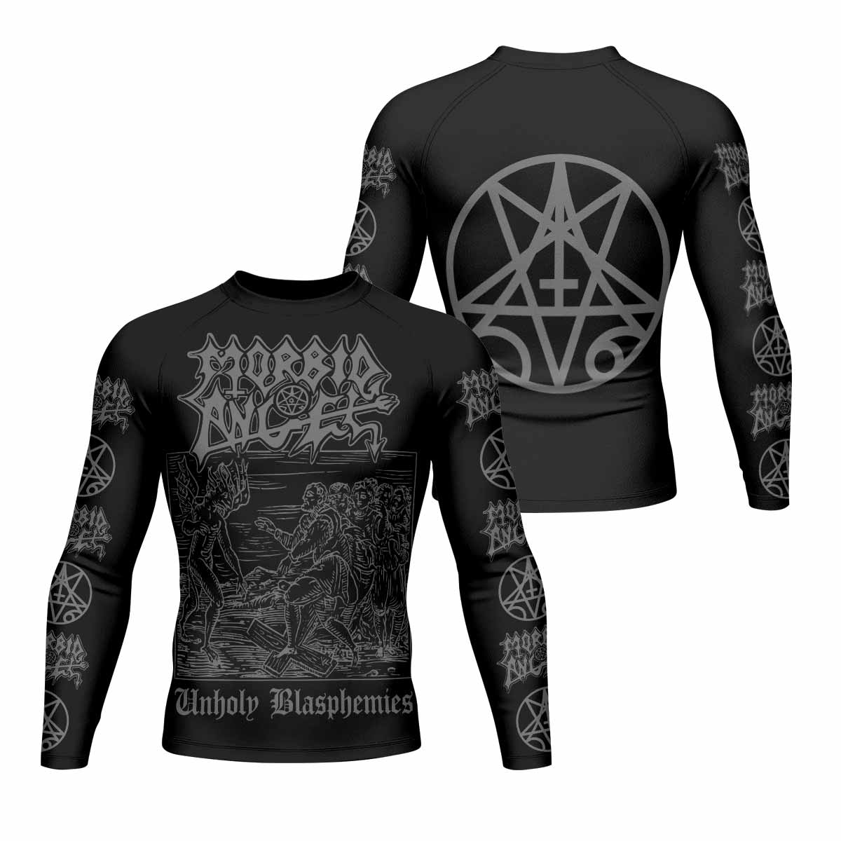 Morbid Angel Unholy Blasphemies Men's Rash Guard Long Sleeve - front and back view