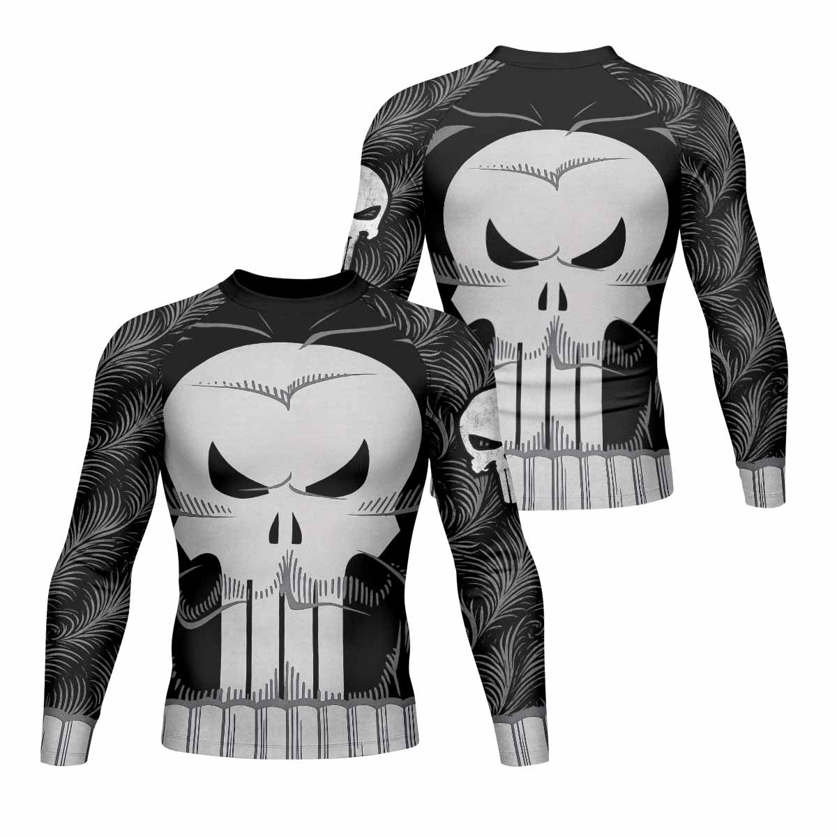 Punisher Skull Tactical Men's Rash Guard Long Sleeve - front and back view