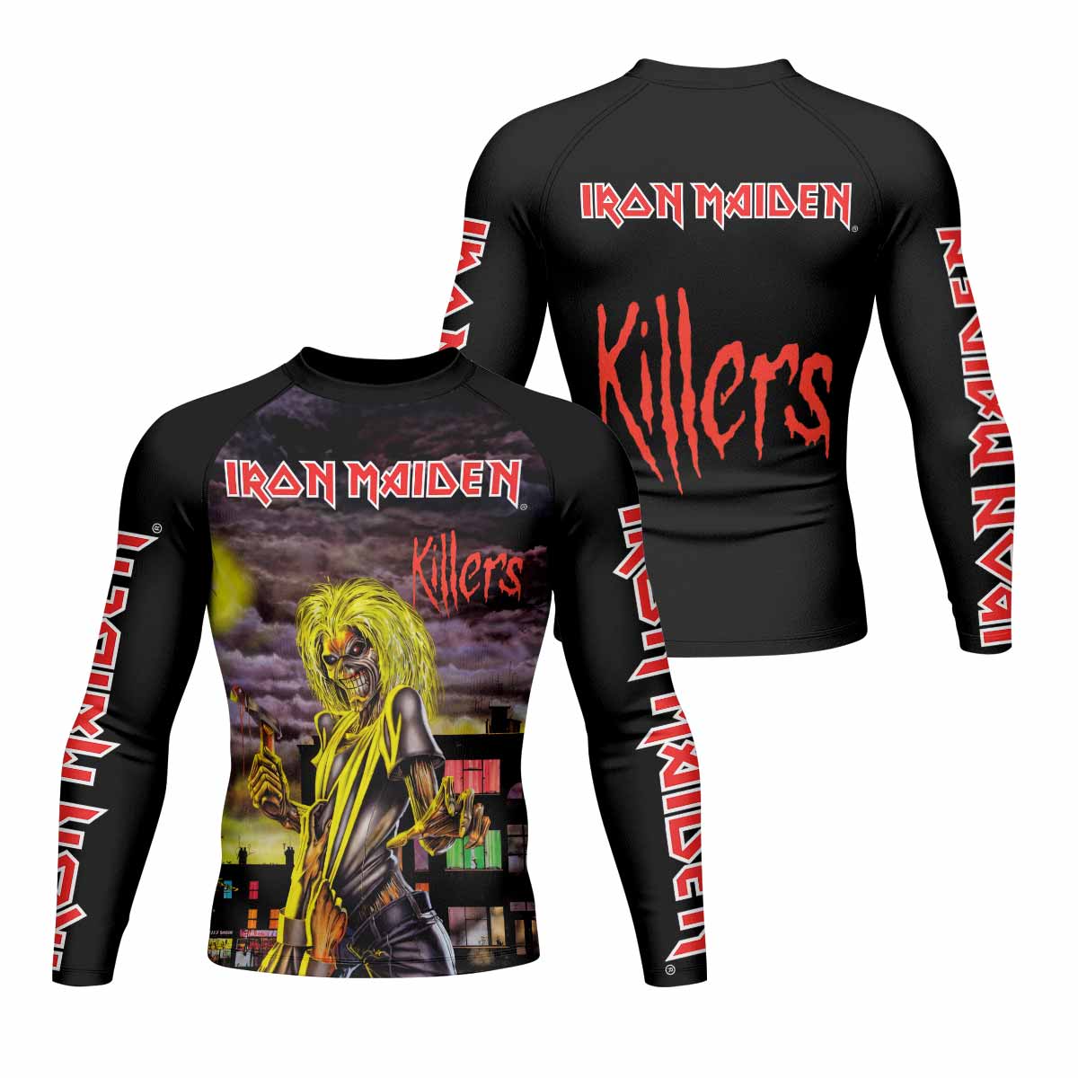 Killers Iron Maiden Men's Rash Guard Long Sleeve - front and back view