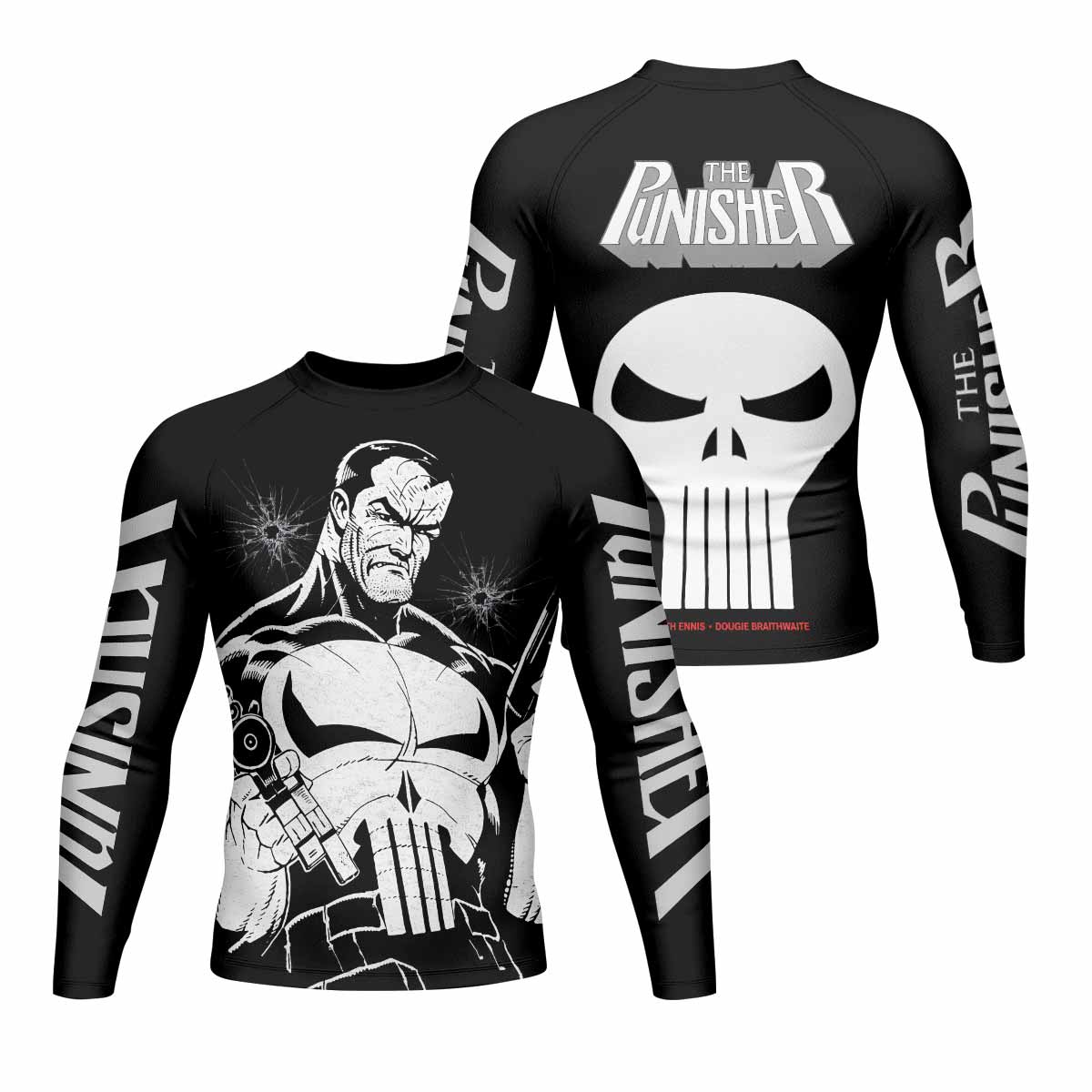 The Punisher Comic Frank Castle Men's Rash Guard Long Sleeve - front and back view