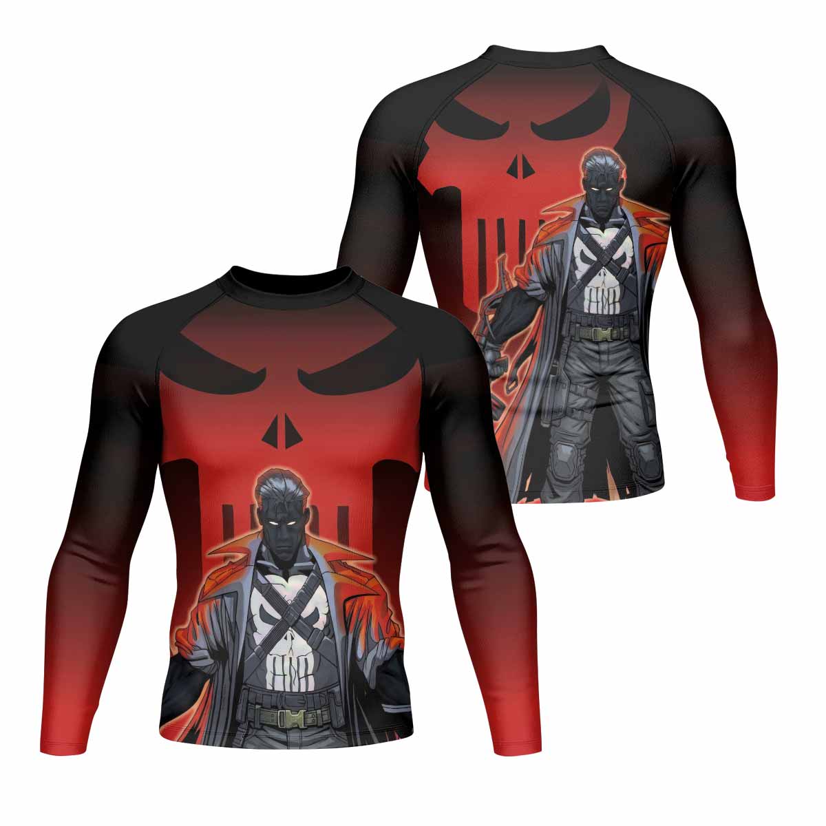 The Punisher Red Frank Castle Men's Rash Guard Long Sleeve - front and back view