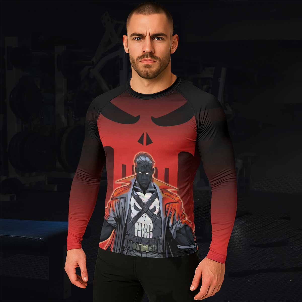 The Punisher Red Frank Castle Men's Rash Guard Long Sleeve - lifestyle view
