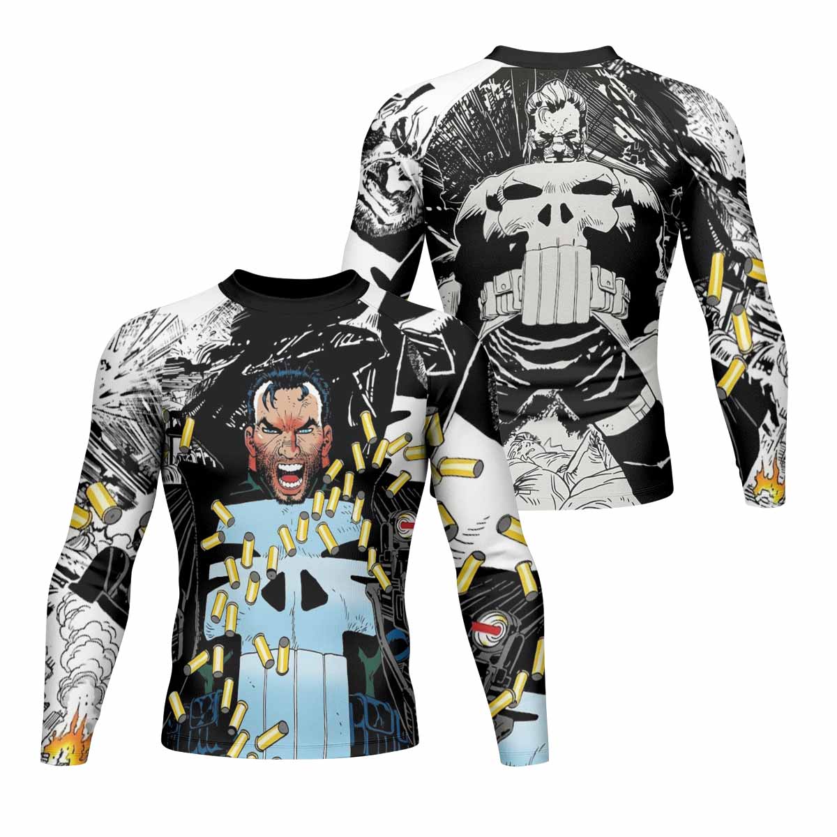 Punisher Bullet Storm Frank Castle Men's Rash Guard Long Sleeve - front and back view