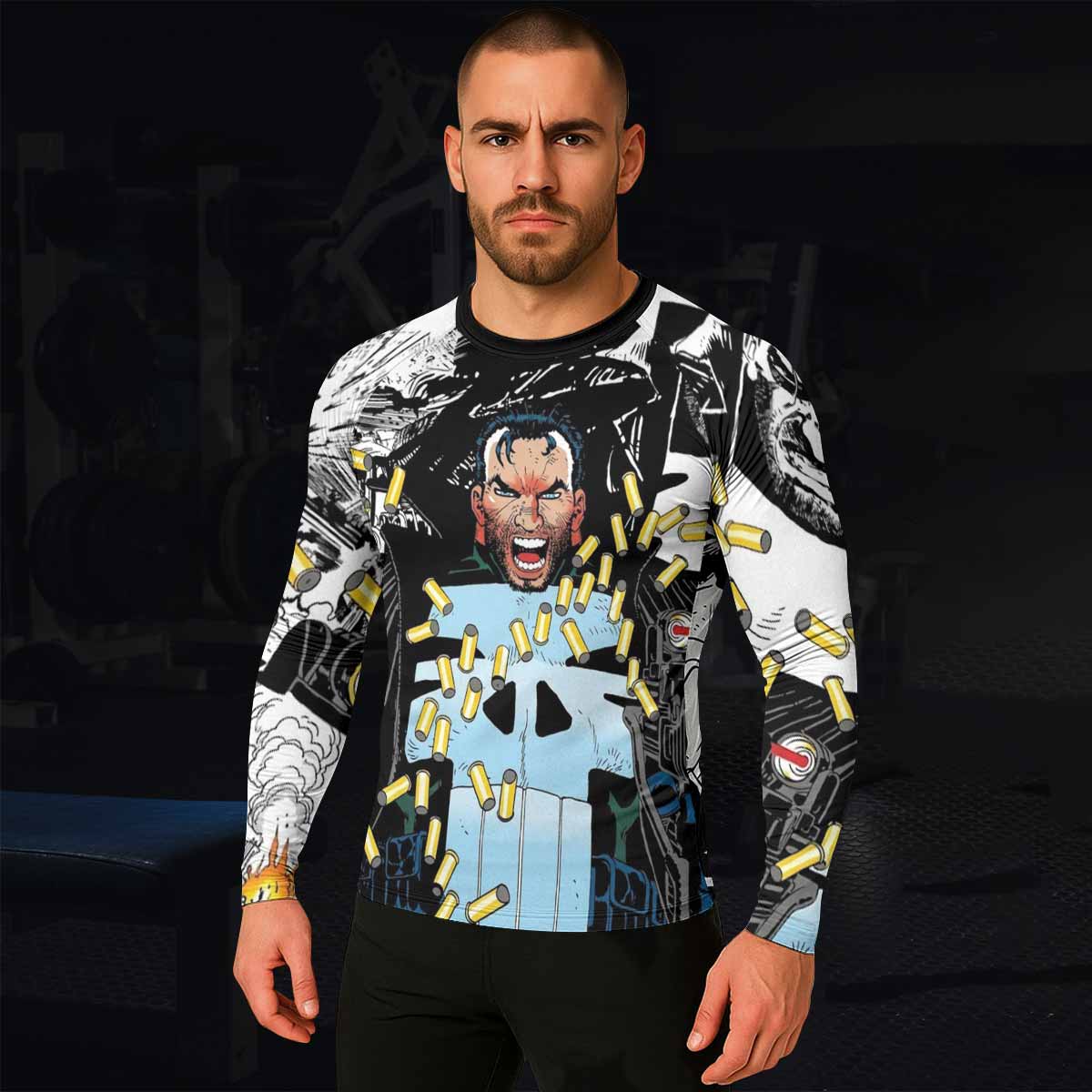 Punisher Bullet Storm Frank Castle Men's Rash Guard Long Sleeve - lifestyle view