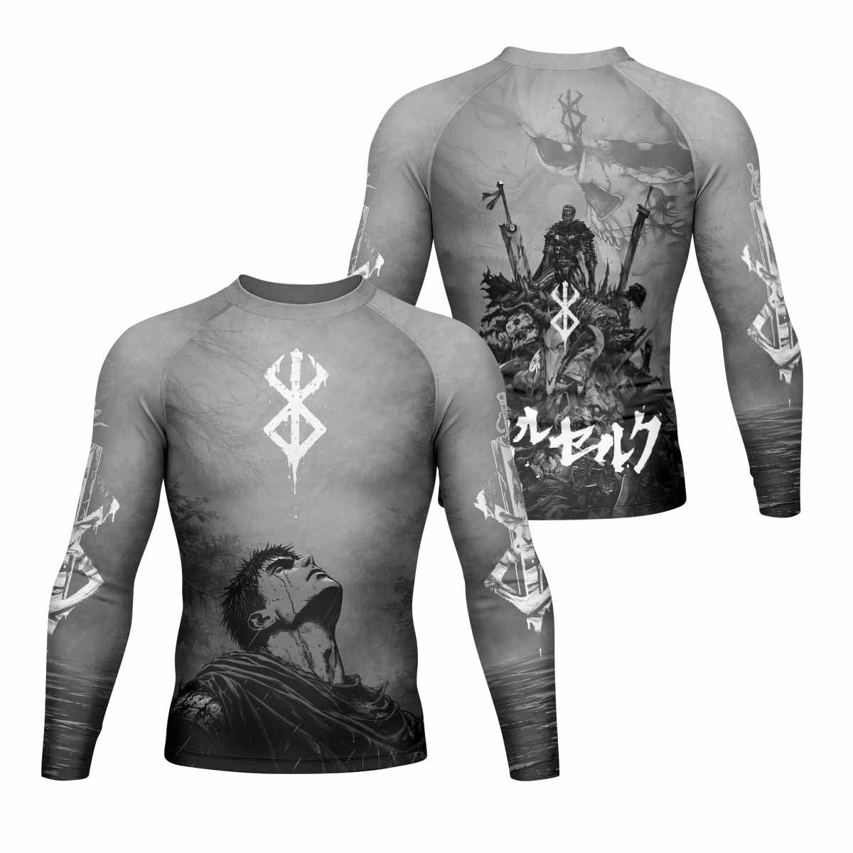 Berserk Guts Sorrow Men's Rash Guard Long Sleeve - front and back view