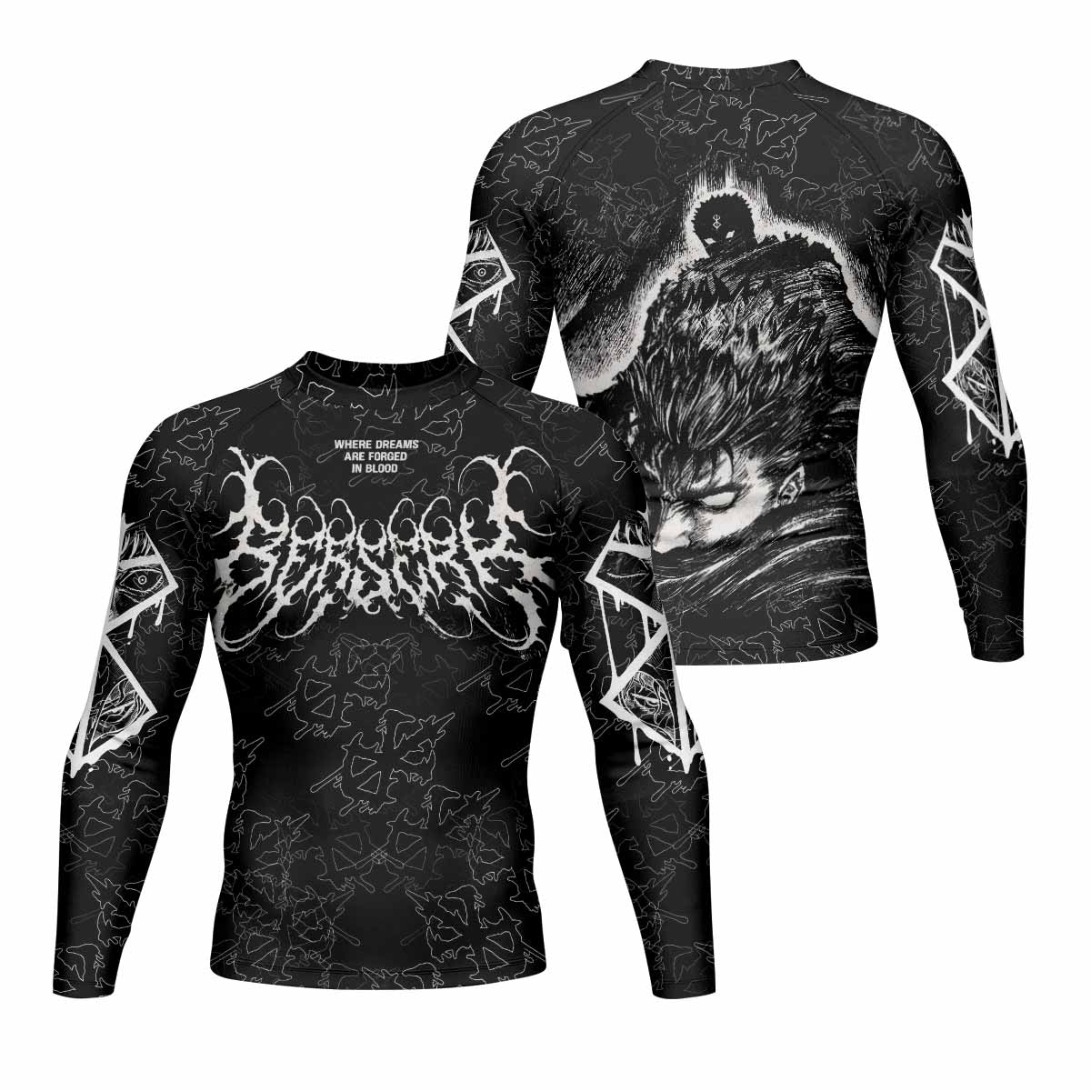 Berserk Forged In Blood Men's Rash Guard Long Sleeve - front and back view