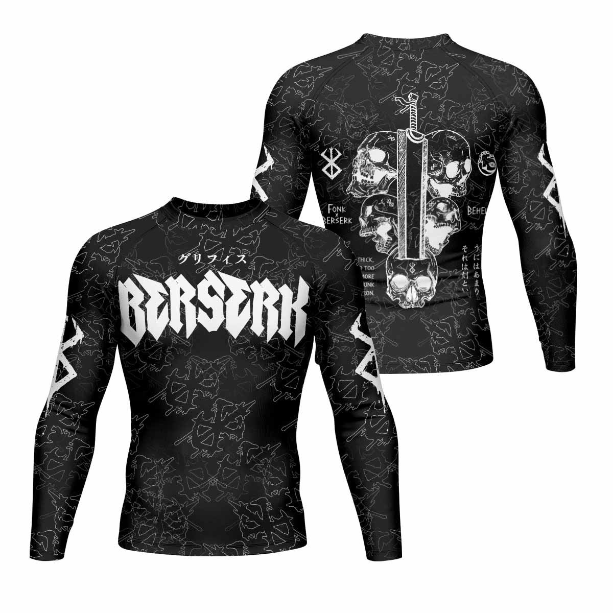 Berserk Dragon Slayer Skull Men's Rash Guard Long Sleeve - front and back view