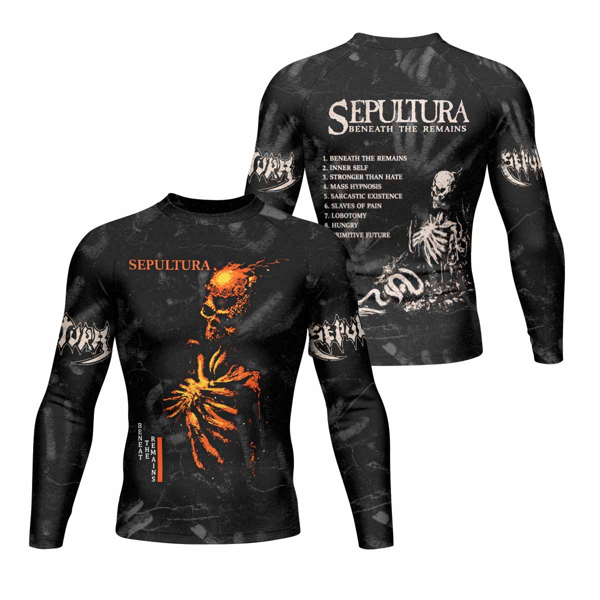 Sepultura Beneath the Remains Men's Rash Guard Long Sleeve - front and back view