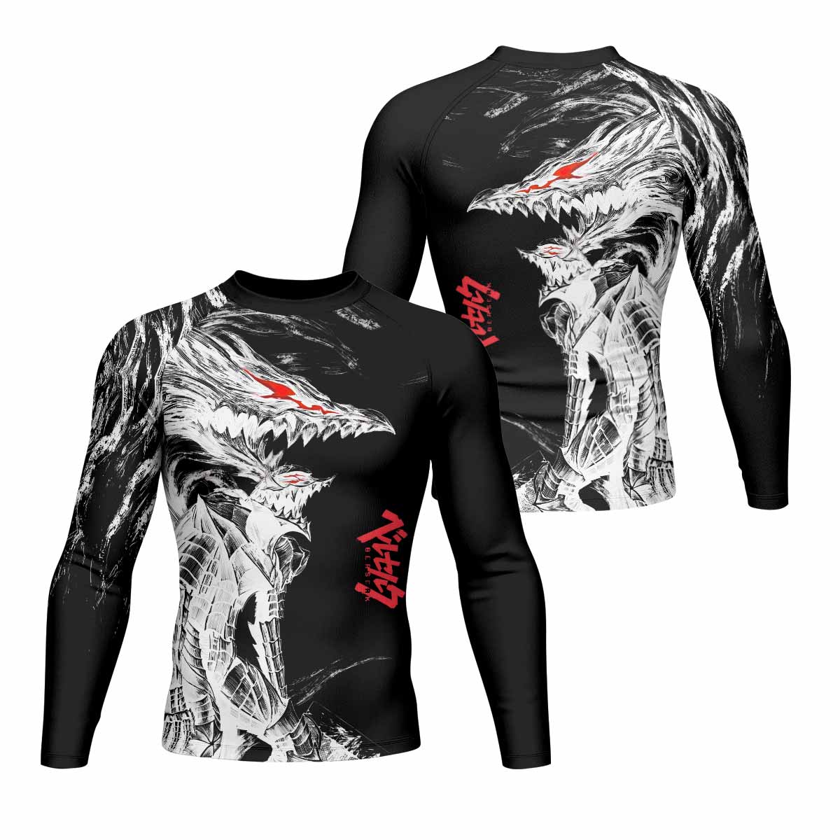 Berserk Guts Berserker Armor Men's Rash Guard Long Sleeve - front and back view