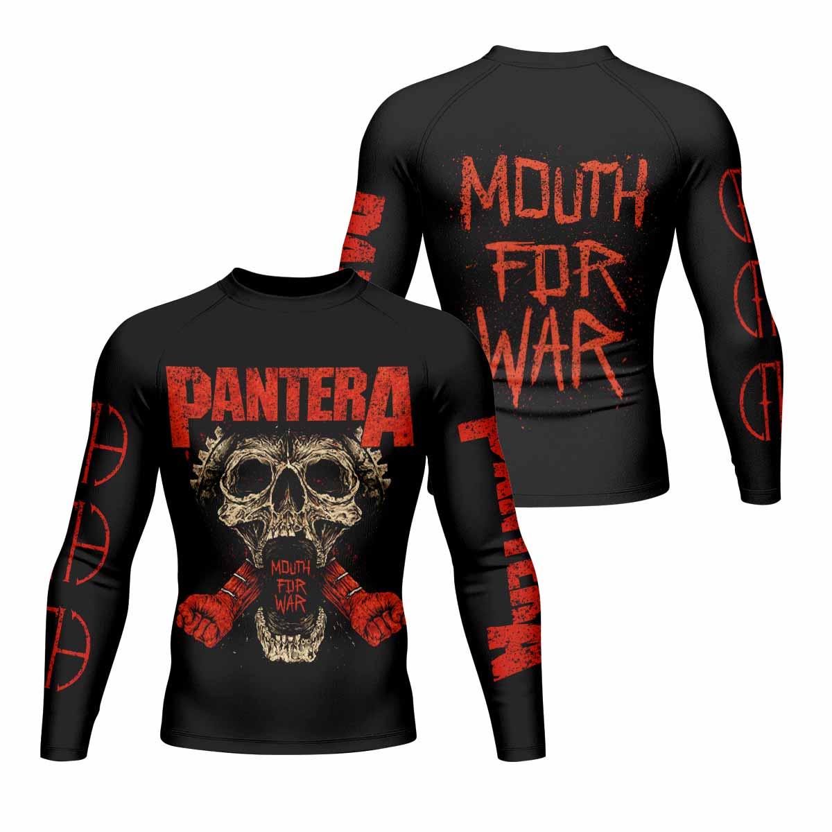 Pantera Mouth for War Men's Rash Guard Long Sleeve - front and back view
