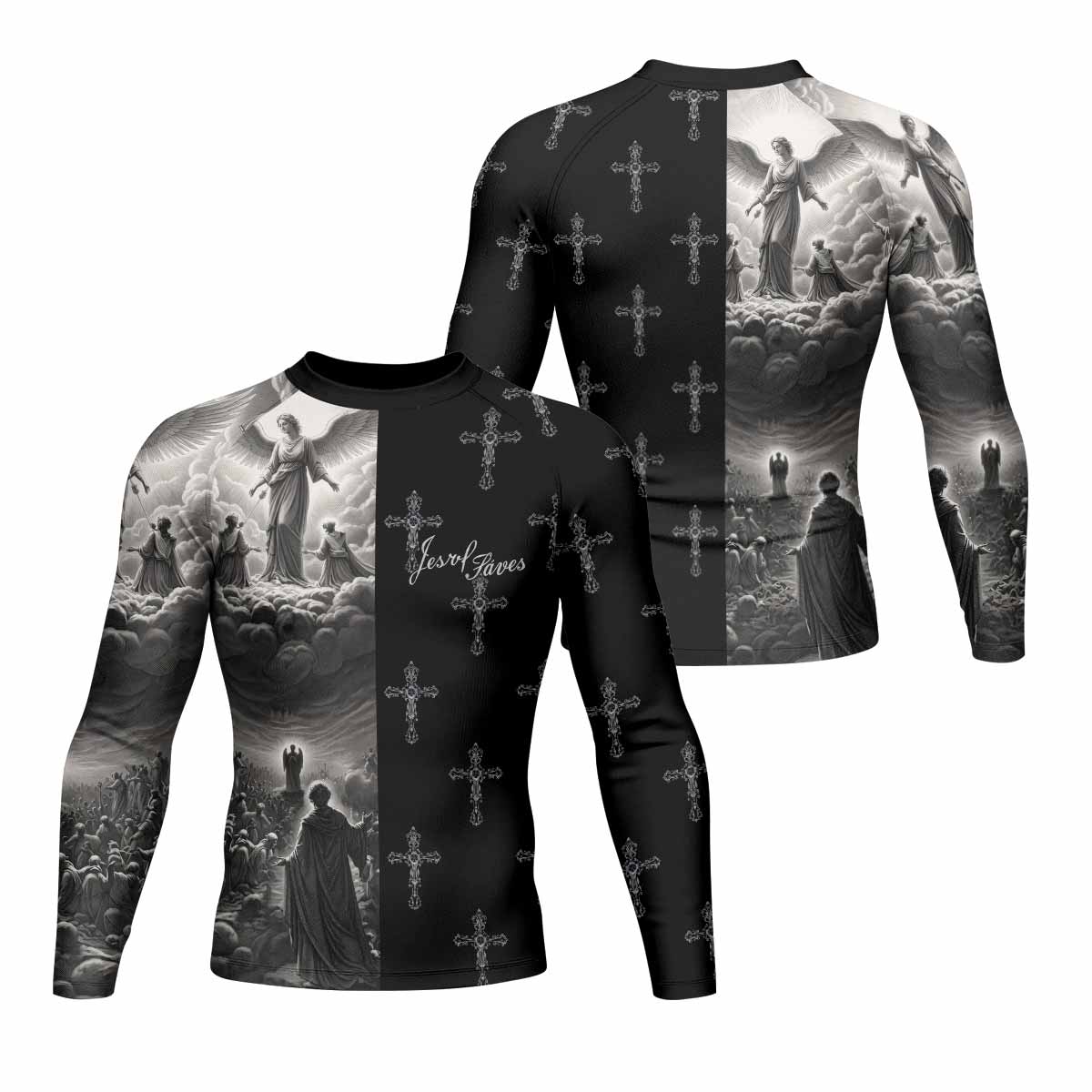 Jesus Saves Angel Ascension Men's Rash Guard Long Sleeve - front and back view