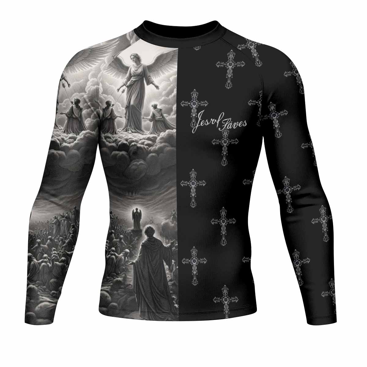 Jesus Saves Angel Ascension Men's Rash Guard Long Sleeve - front view mockup