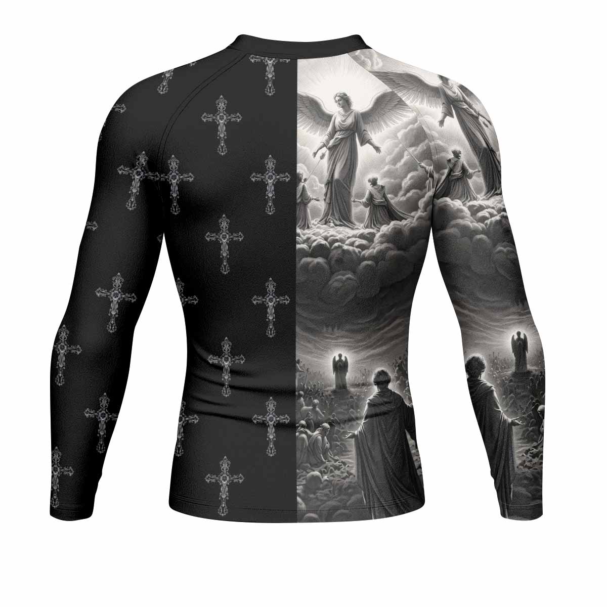Jesus Saves Angel Ascension Men's Rash Guard Long Sleeve - back view mockup