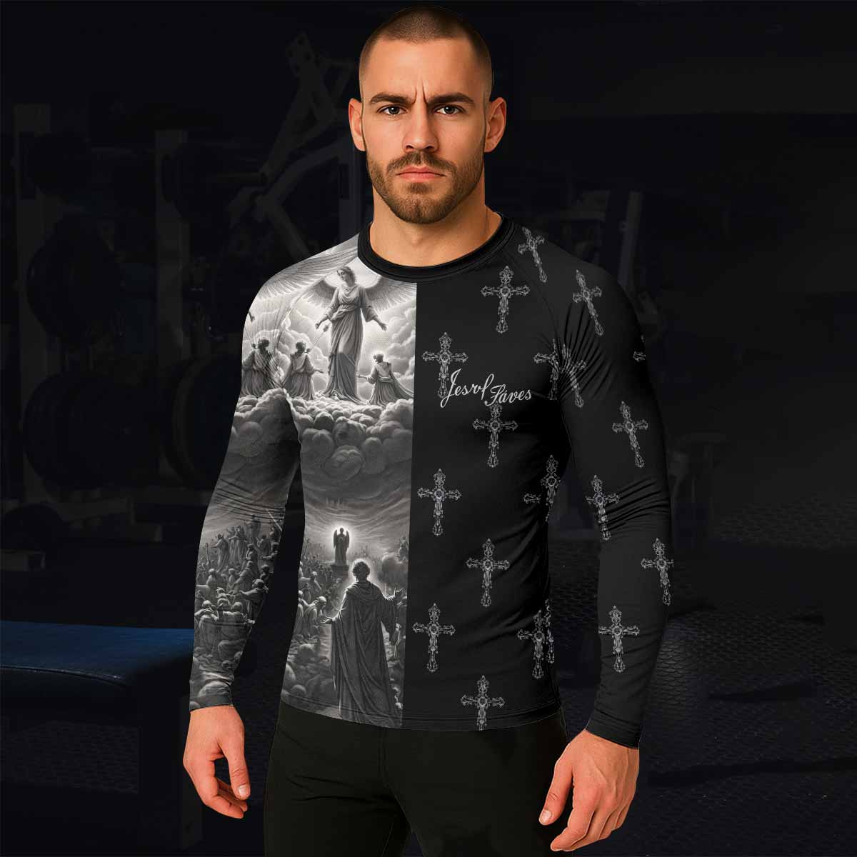 Jesus Saves Angel Ascension Men's Rash Guard Long Sleeve - lifestyle view
